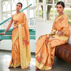 Light Orange Digital Printed Pure Silk Saree With Tassels