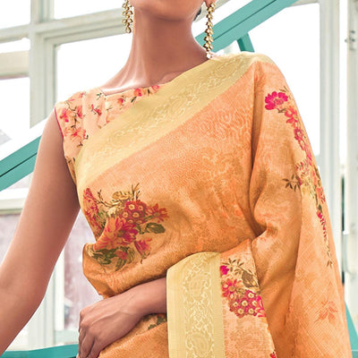 Light Orange Digital Printed Pure Silk Saree With Tassels