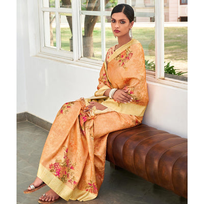 Light Orange Digital Printed Pure Silk Saree With Tassels