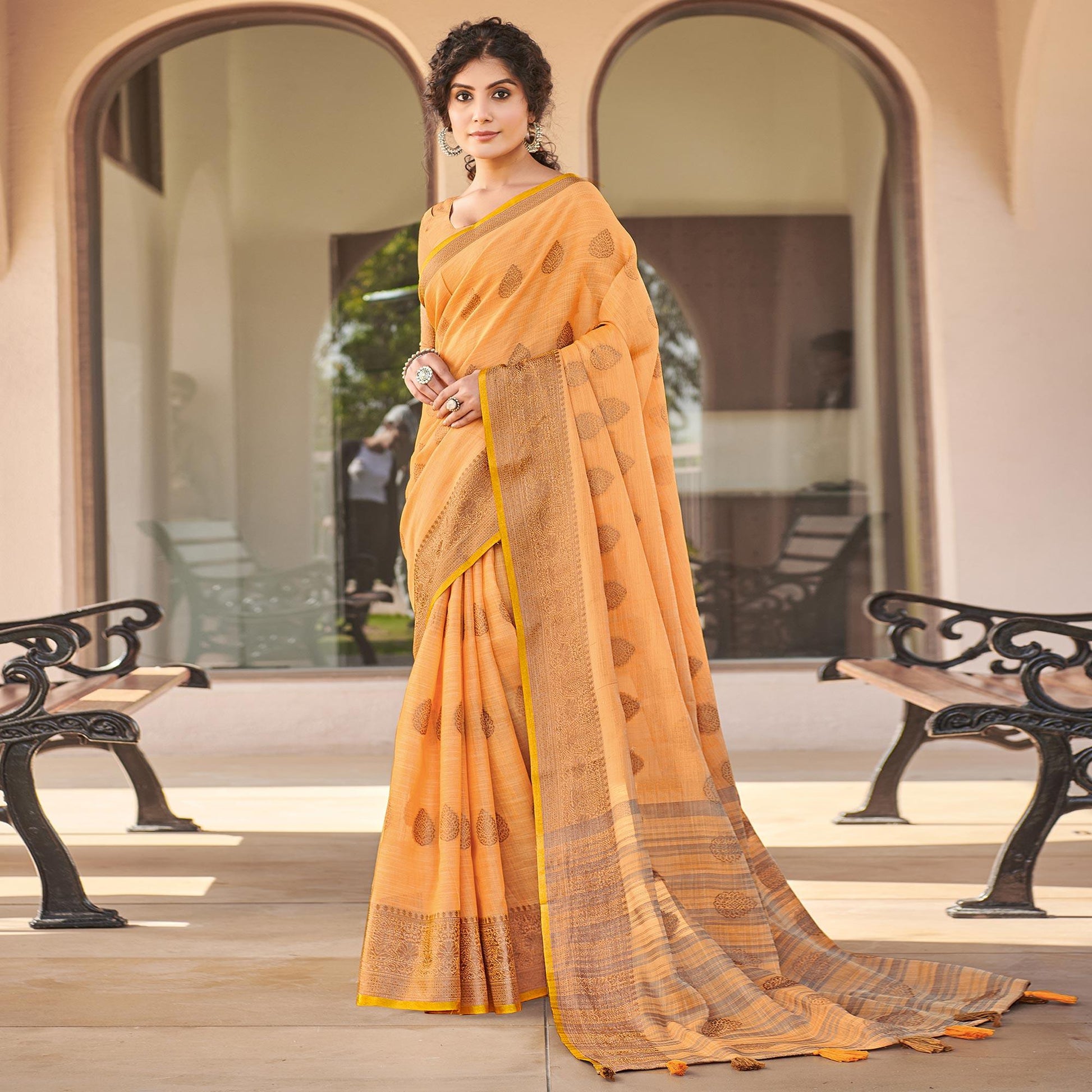 Light Orange Festive Wear Embroidered Cotton Saree