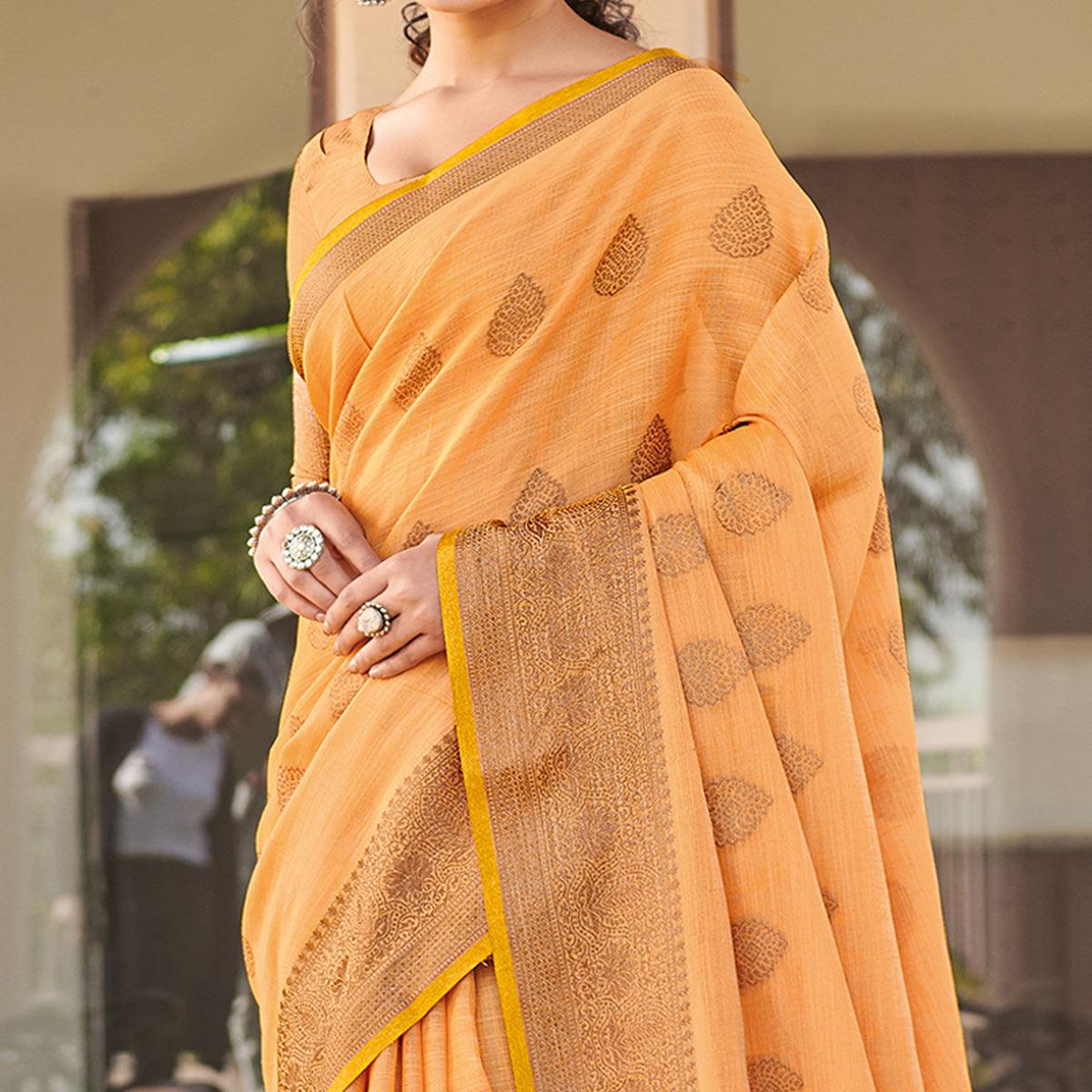 Light Orange Festive Wear Embroidered Cotton Saree
