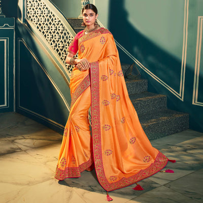 Light Orange Festive Wear Embroidered Silk Saree