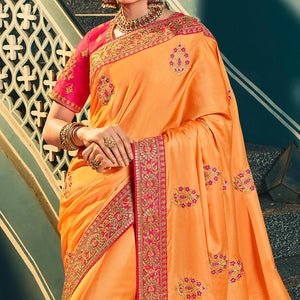 Light Orange Festive Wear Embroidered Silk Saree