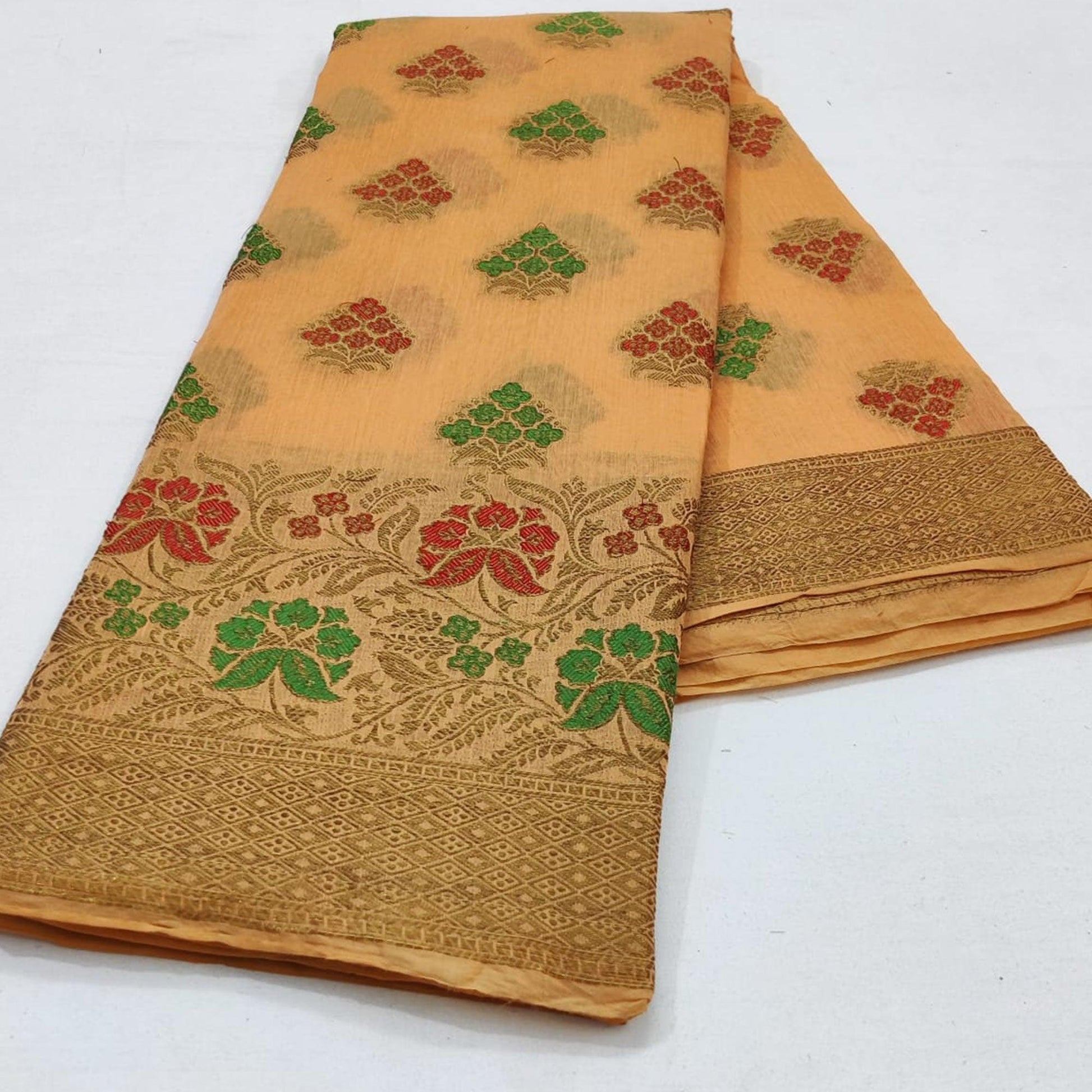 Light Orange Festive Wear Floral Woven Cotton Saree With Meena Butta Pallu