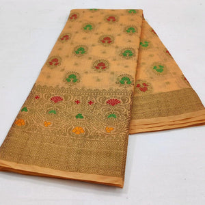 Light Orange Festive Wear Floral Woven Cotton Saree With Meena Butta Pallu