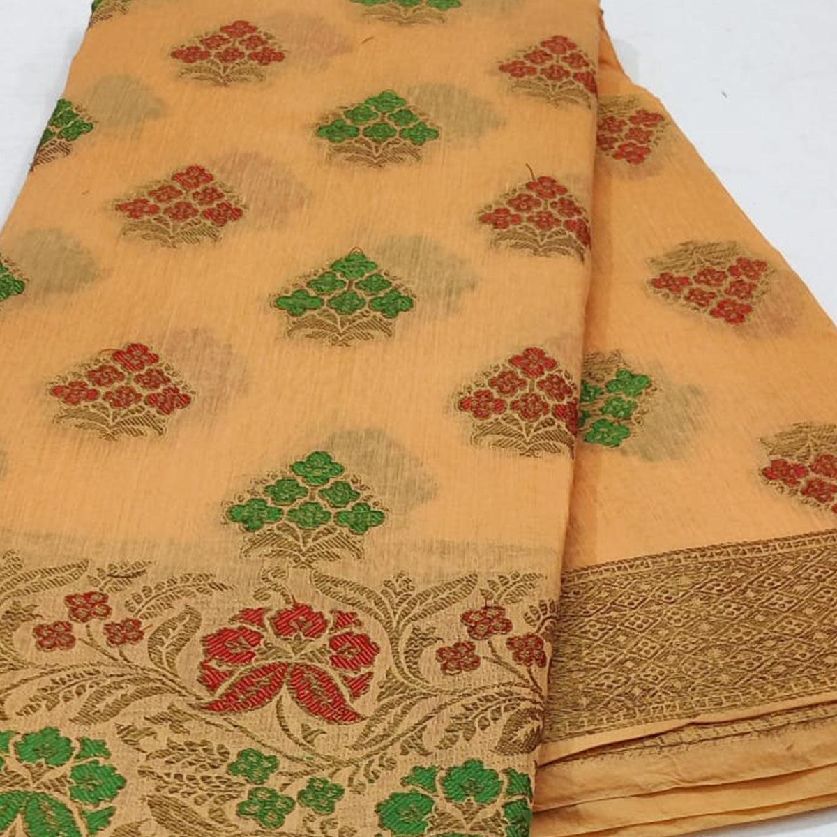 Light Orange Festive Wear Floral Woven Cotton Saree With Meena Butta Pallu