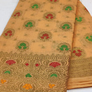 Light Orange Festive Wear Floral Woven Cotton Saree With Meena Butta Pallu