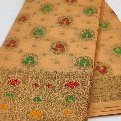 Light Orange Festive Wear Floral Woven Cotton Saree With Meena Butta Pallu