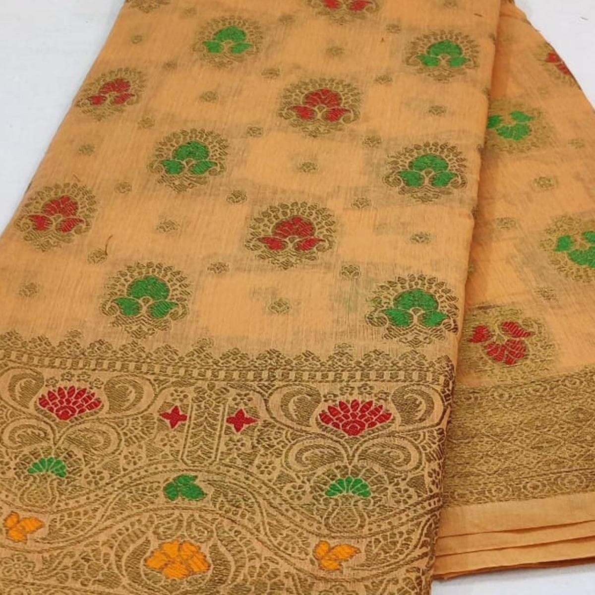 Light Orange Festive Wear Floral Woven Cotton Saree With Meena Butta Pallu