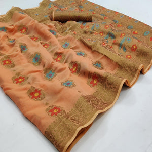Light Orange Festive Wear Printed Cotton Saree