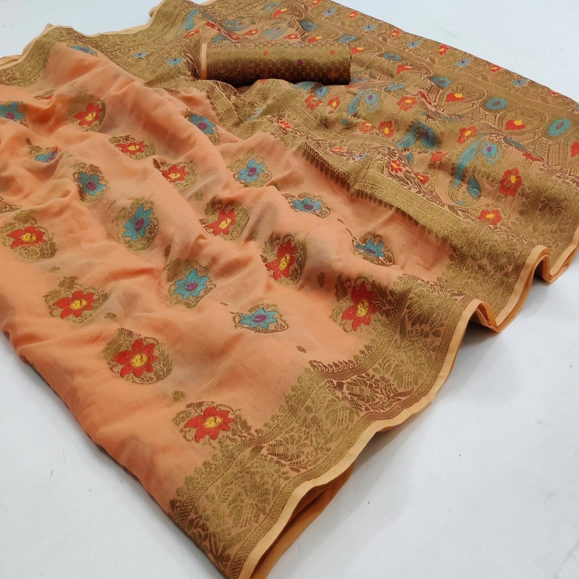 Light Orange Festive Wear Printed Cotton Saree