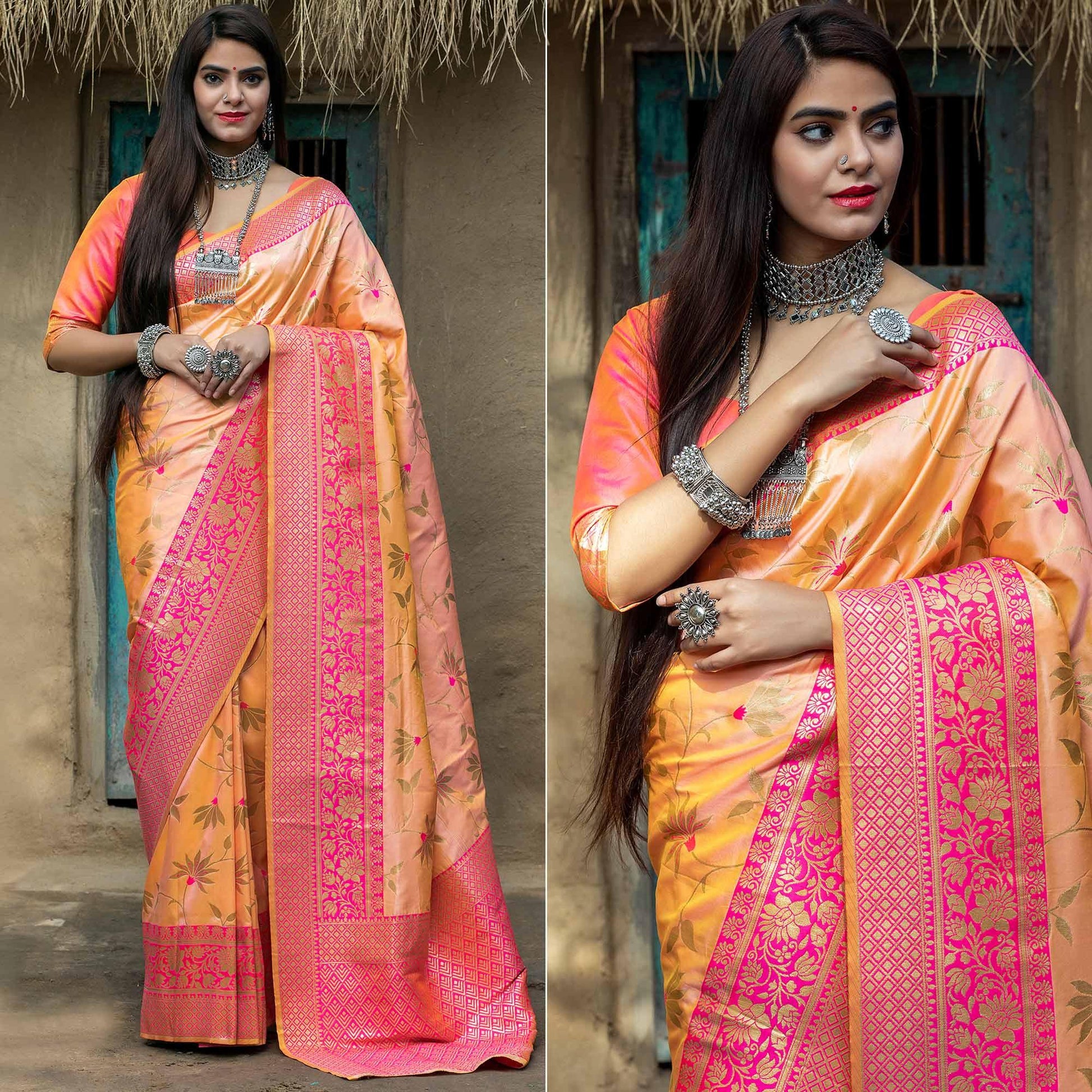 Light Orange Festive Wear Woven Banarasi Silk Saree