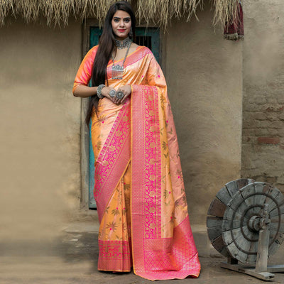 Light Orange Festive Wear Woven Banarasi Silk Saree