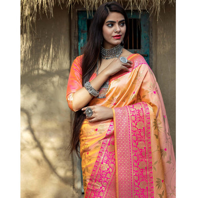 Light Orange Festive Wear Woven Banarasi Silk Saree