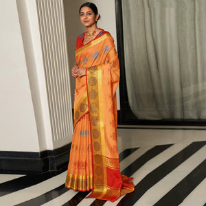 Light Orange Festive Wear Woven Cotton Handloom Saree