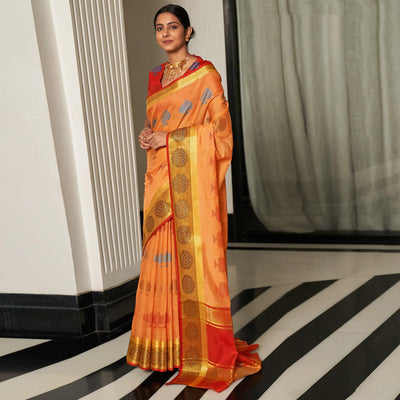 Light Orange Festive Wear Woven Cotton Handloom Saree