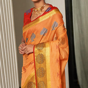 Light Orange Festive Wear Woven Cotton Handloom Saree