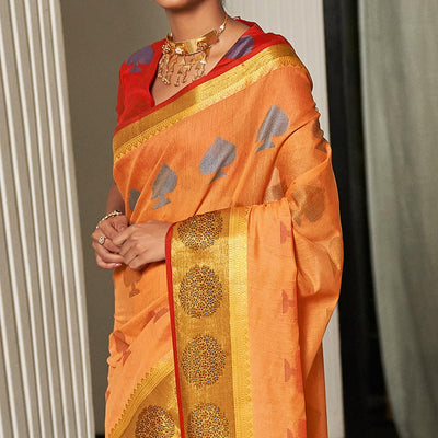 Light Orange Festive Wear Woven Cotton Handloom Saree