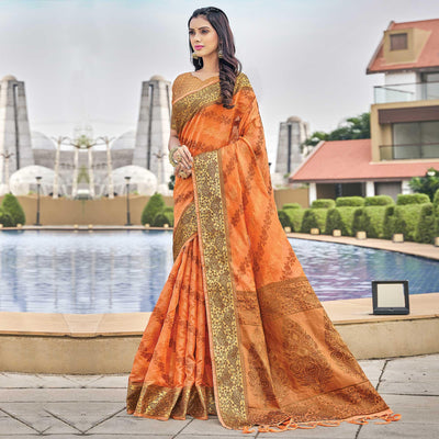 Light Orange Festive Wear Woven Organza Saree