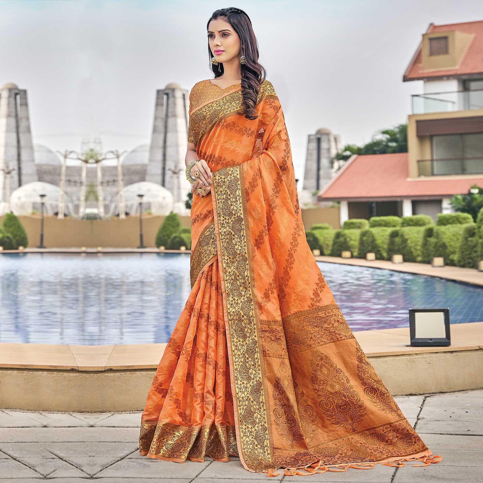 Light Orange Festive Wear Woven Organza Saree