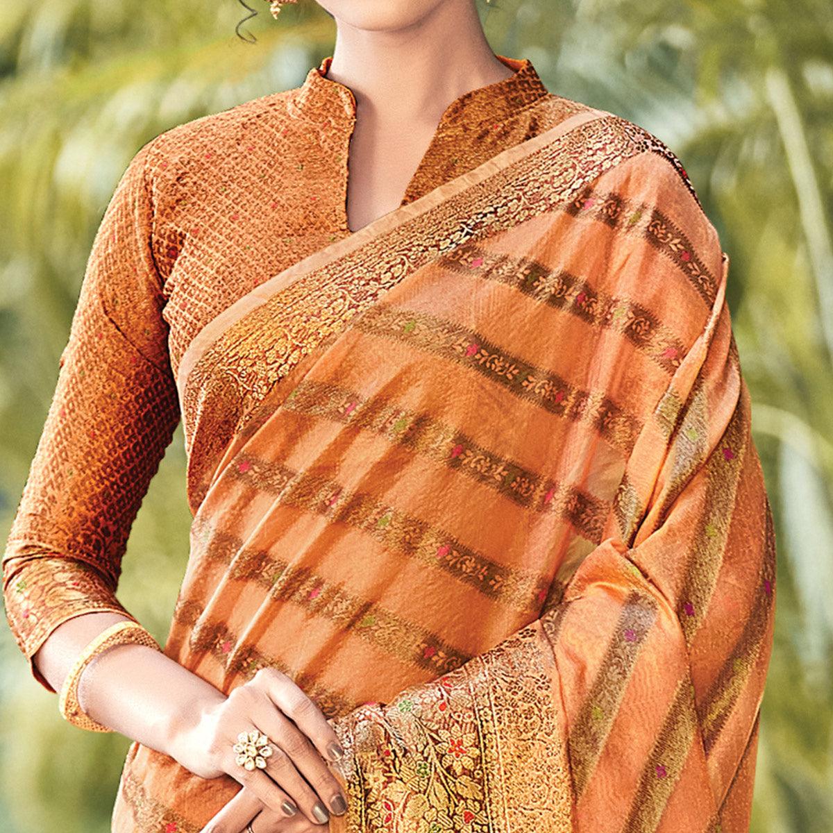 Light Orange Festive Wear Woven Organza Saree