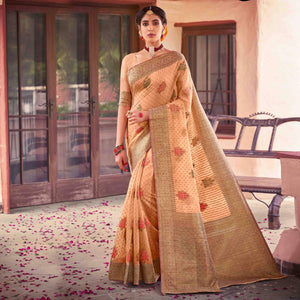 Light Orange Festive Wear Woven Soft Cotton Saree