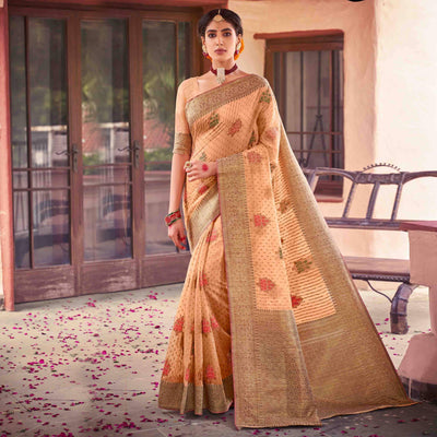 Light Orange Festive Wear Woven Soft Cotton Saree