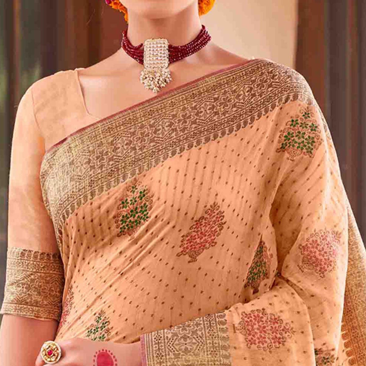 Light Orange Festive Wear Woven Soft Cotton Saree