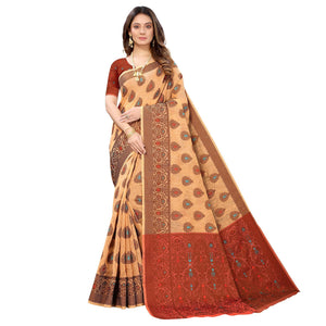 Light Orange Festive Wear Woven With Meena Butta Rich Pallu Cotton Saree