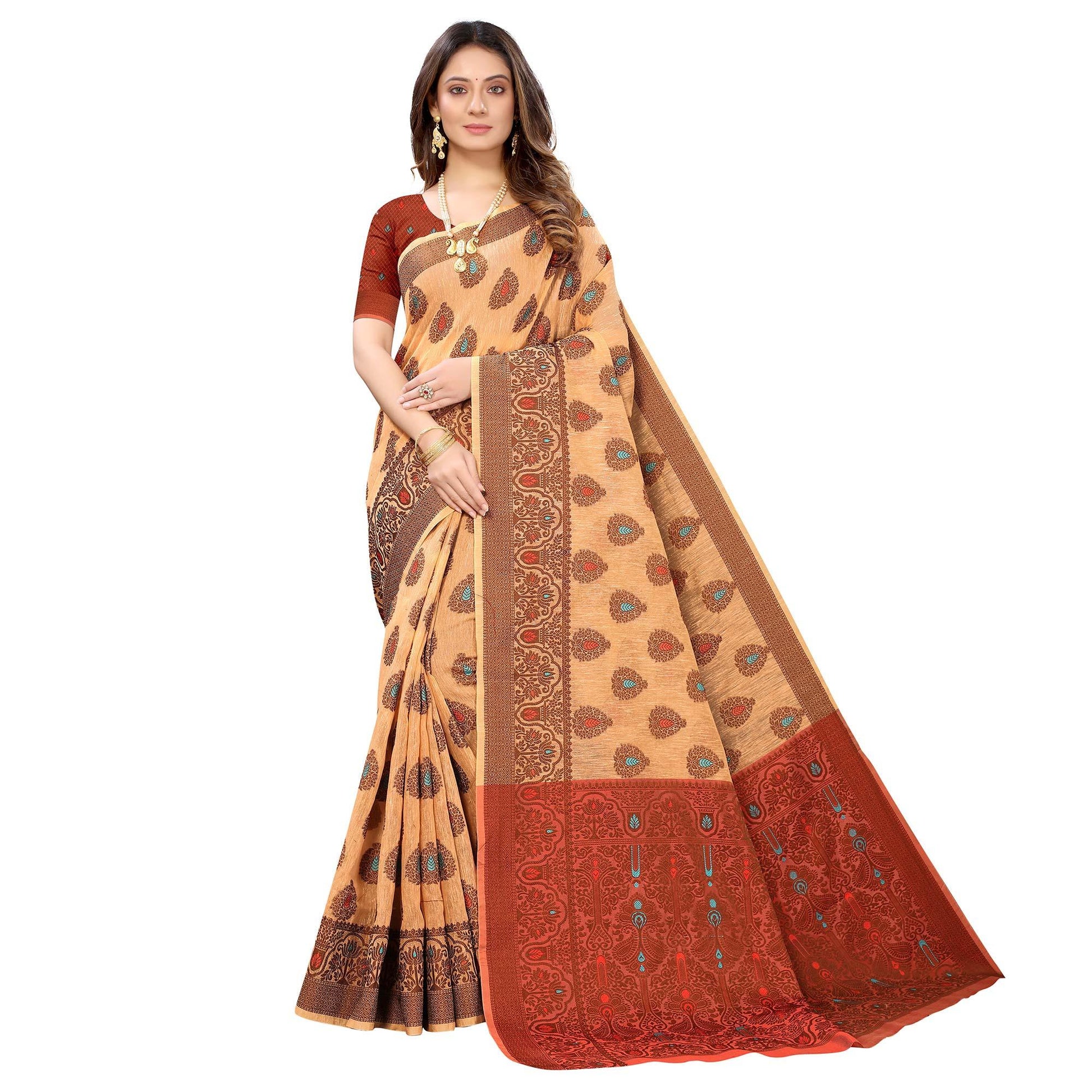 Light Orange Festive Wear Woven With Meena Butta Rich Pallu Cotton Saree