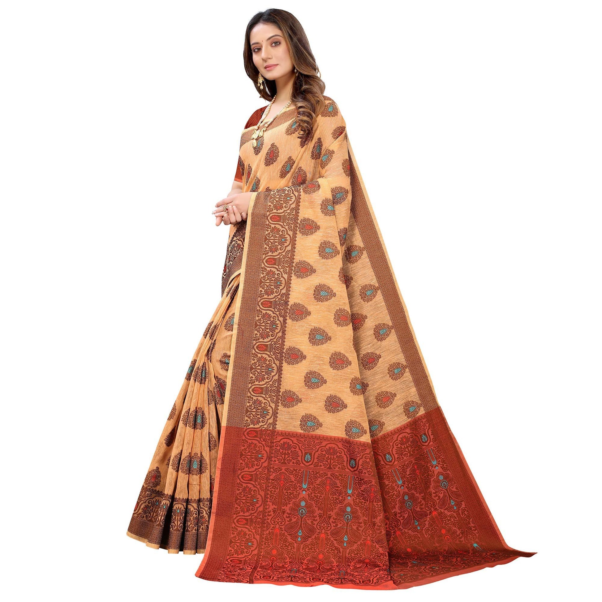 Light Orange Festive Wear Woven With Meena Butta Rich Pallu Cotton Saree