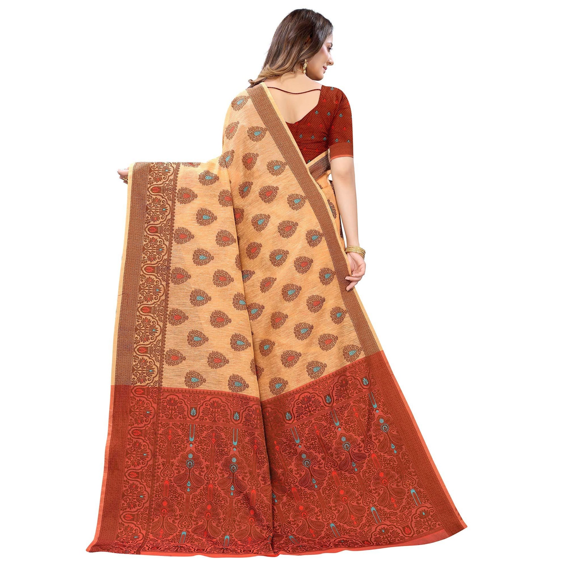 Light Orange Festive Wear Woven With Meena Butta Rich Pallu Cotton Saree