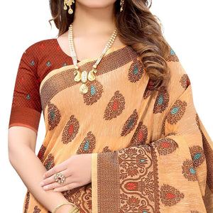 Light Orange Festive Wear Woven With Meena Butta Rich Pallu Cotton Saree