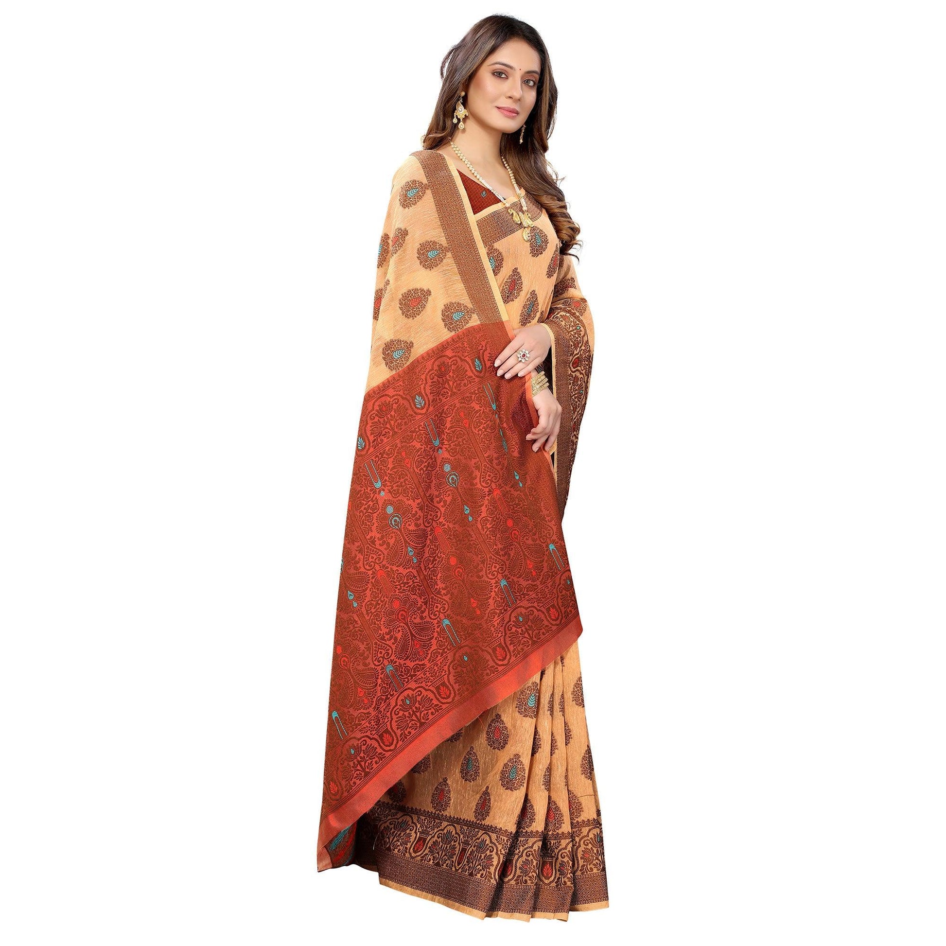 Light Orange Festive Wear Woven With Meena Butta Rich Pallu Cotton Saree