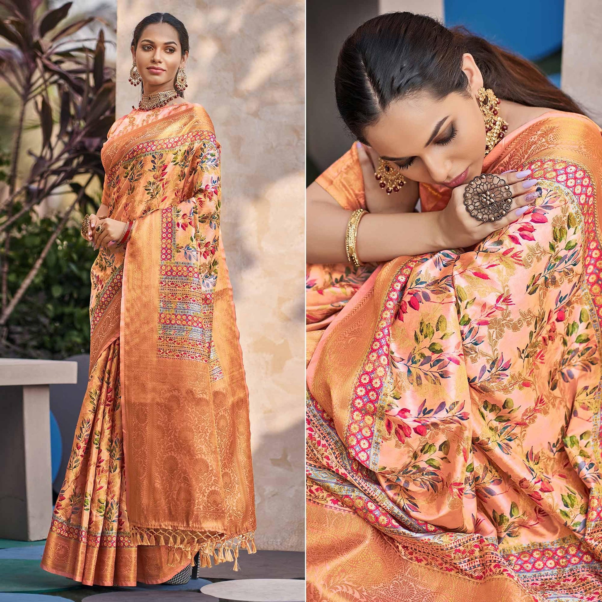Light Orange Floral Digital Printed Pure Silk Saree