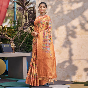 Light Orange Floral Digital Printed Pure Silk Saree