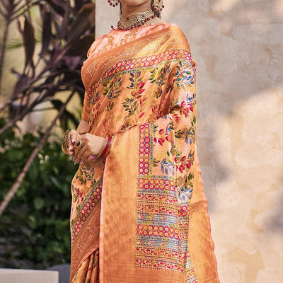 Light Orange Floral Digital Printed Pure Silk Saree