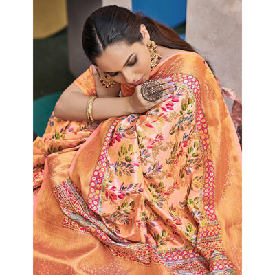 Light Orange Floral Digital Printed Pure Silk Saree