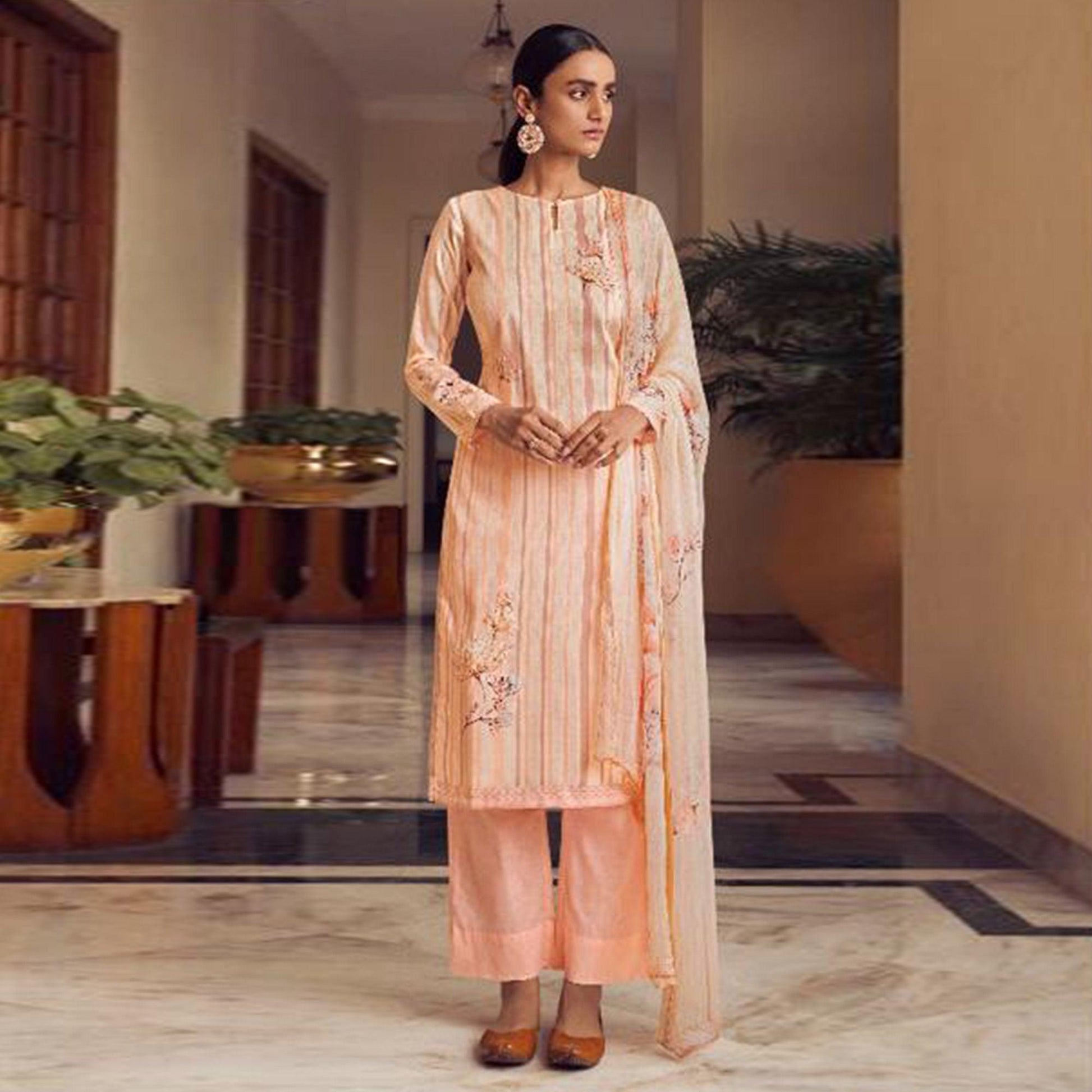 Light Orange Floral Digital Printed With Handwork Cambric Cotton Partywear Suit