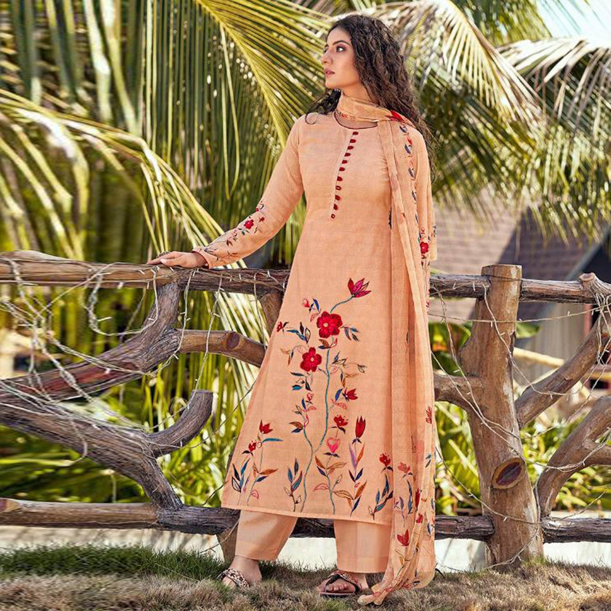 Light Orange Floral Digital Printed With Handwork Cambric Cotton Partywear Suit