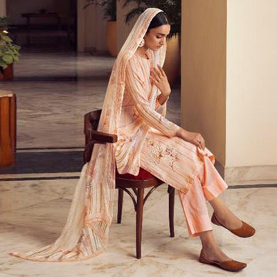 Light Orange Floral Digital Printed With Handwork Cambric Cotton Partywear Suit