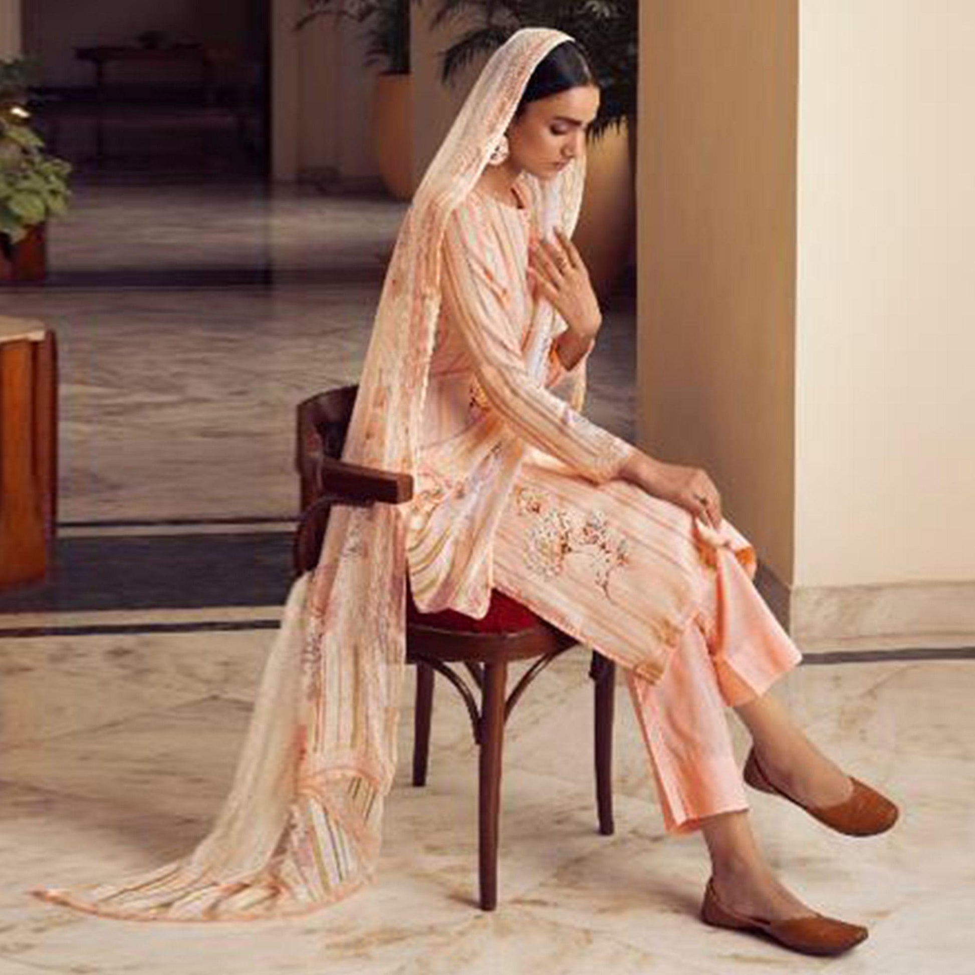 Light Orange Floral Digital Printed With Handwork Cambric Cotton Partywear Suit