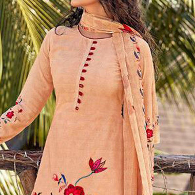 Light Orange Floral Digital Printed With Handwork Cambric Cotton Partywear Suit