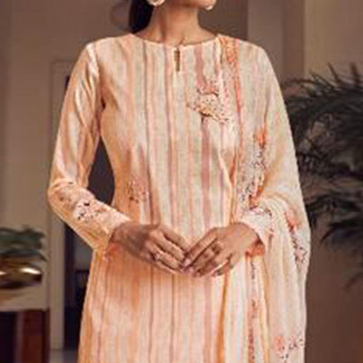 Light Orange Floral Digital Printed With Handwork Cambric Cotton Partywear Suit
