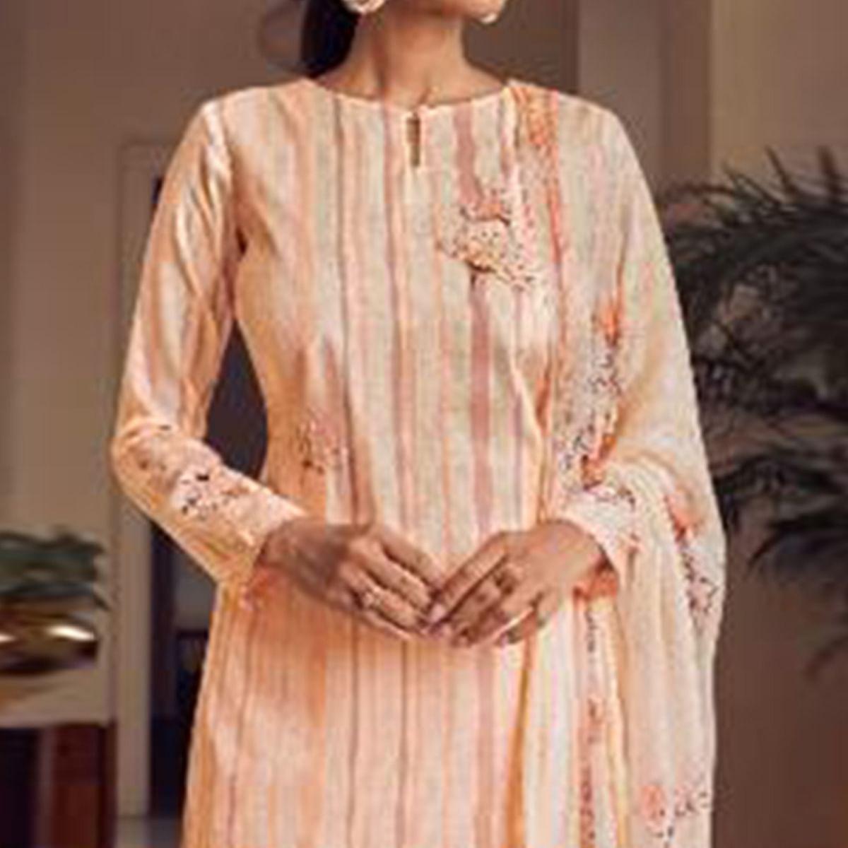 Light Orange Floral Digital Printed With Handwork Cambric Cotton Partywear Suit