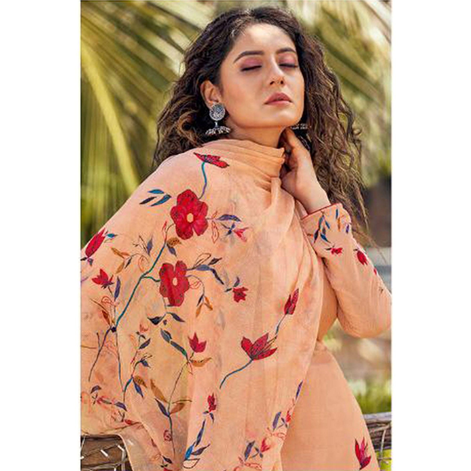 Light Orange Floral Digital Printed With Handwork Cambric Cotton Partywear Suit