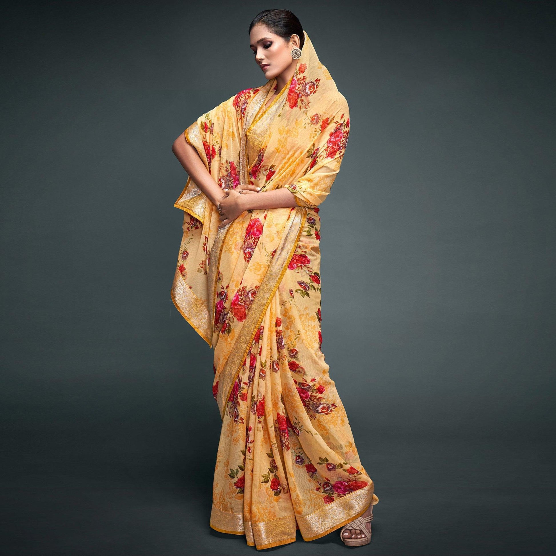 Light Orange Floral Printed Georgette Saree