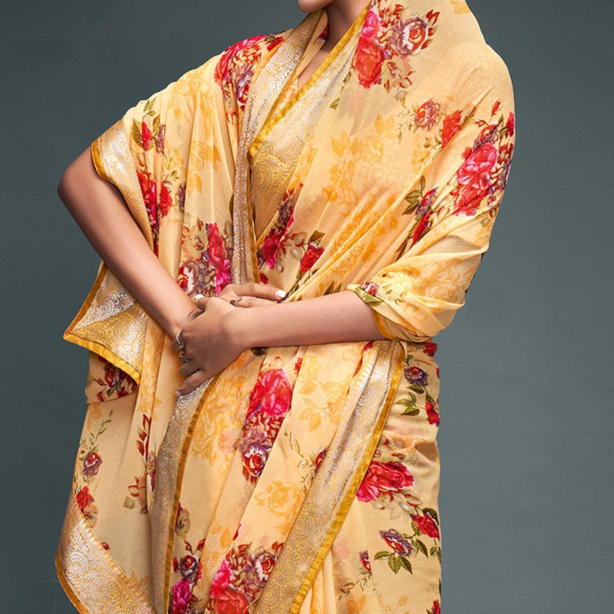 Light Orange Floral Printed Georgette Saree