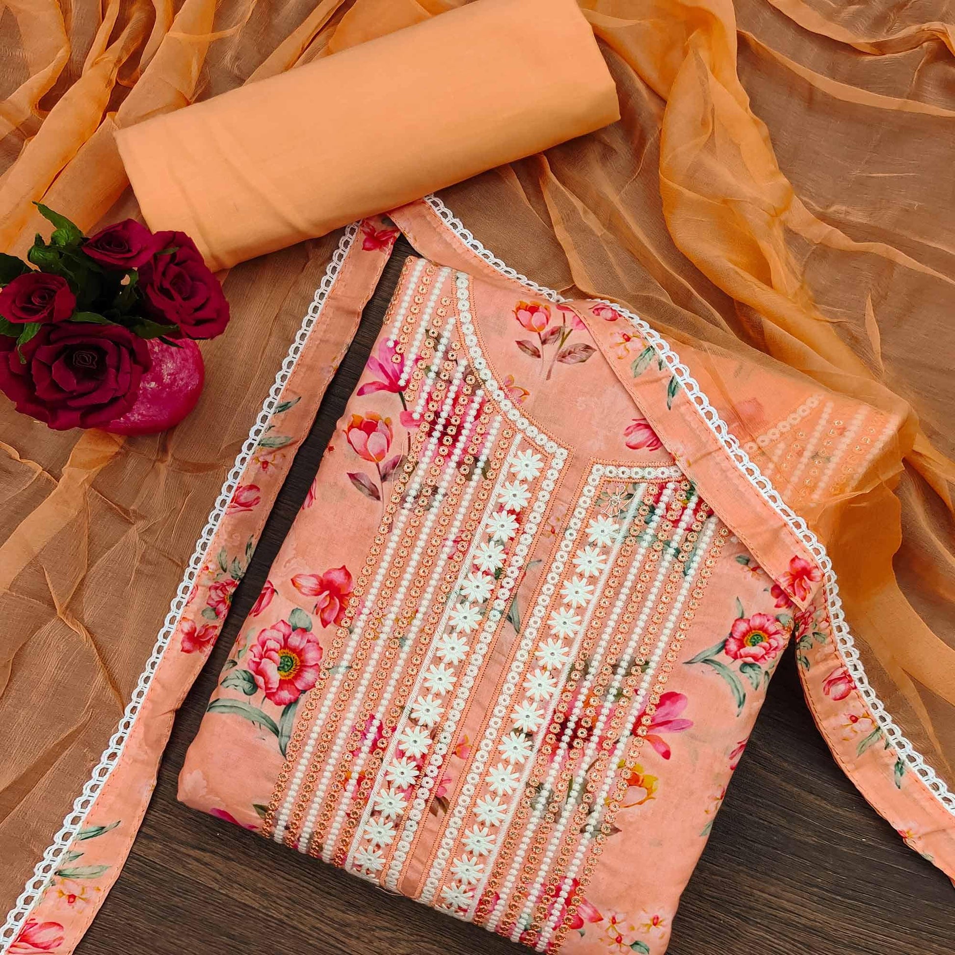 Light Orange Floral Printed With Embroidery Pure Cotton Dress Material