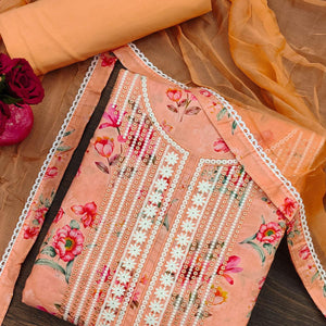 Light Orange Floral Printed With Embroidery Pure Cotton Dress Material